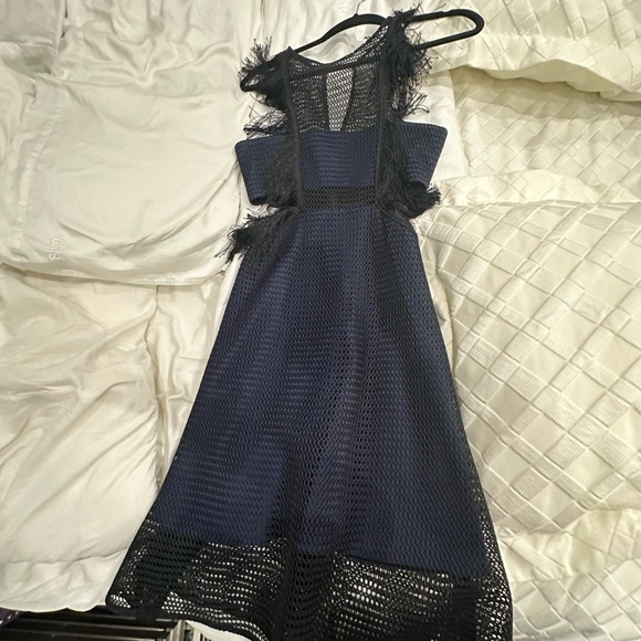Self-Portrait Neoprene Black & Navy Flared Fringe Dress size 4/ SMALL - Picture 5 of 6